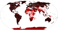 Map showing the prevalence of SARS-CoV-2 cases; black: highest prevalence; dark red to pink: decreasing prevalence; grey: no recorded cases or no data