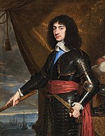 Charles II as a boy with shoulder-length black hair and standing in a martial pose