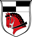Gemeinde Segnitz Unter von Silber und Schwarz geviertem Schildhaupt in Silber ein roter Rosskopf mit schwarzer Mähne und schwarzem Zaum.