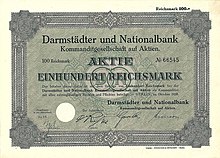 Aktie der Darmstädter und Nationalbank KGaA über 100 RM, ausgegeben im Oktober 1928 in Berlin, mit Unterschrift von Jakob Riesser, 1888–1904 Direktor und Vorstandsmitglied der Bank für Handel und Industrie