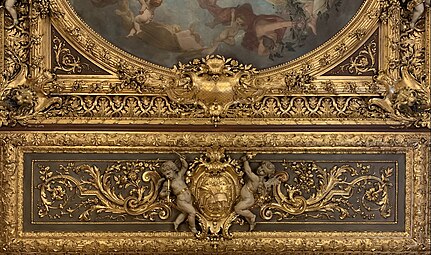 Baroque Revival rinceaux with putti on a ceiling in the apartments of the minister of state, currently known as the Napoleon III Apartments, Louvre Palace, unknown architect or sculptor, c.1860