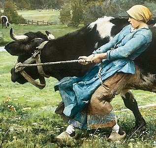 This cowherd appears to be wearing thick white wool socks and black leather turnshoes under her wooden overshoes, which are eased.