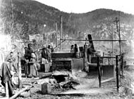 Eulachon rendering camp. Nass River, 1884.