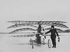 C.R. Nyberg and his steam engine driven airplane "Flugan" on the ice of Askrikefjärden north of Lidingö, Sweden.