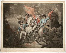 Colored print shows a blue coated cavalryman slashing at a red-coated horseman whose hat is falling off.