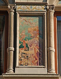 Hand-painted tile panel on the façade of the Grande Maison de Blanc in Brussels, designed by Privat Livemont and made by the Boch Frères Kéramis (1897–98)[216]