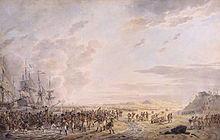 An oil painting of military troops engaging in battle on the sea shore