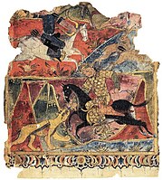 Horseriders in Mongol attire. Mu'nis al-ahrar, right frontispiece (fragment), 1341.[6]