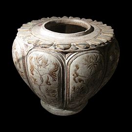 Patterned brown glazed ceramic jar with lotus and chrysanthemum motifs from Nam Định Province (13th–14th century)