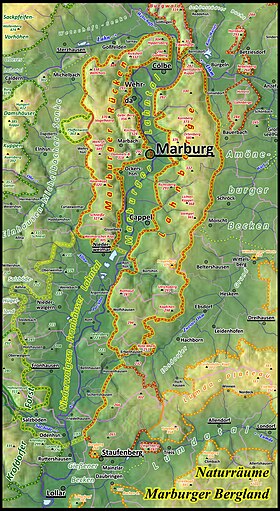 Reliefkarte des Marburger Berglands (→ detaillierte topographische Naturraumkarte)