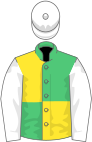 Emerald green and yellow (quartered), white sleeves, emerald green cap