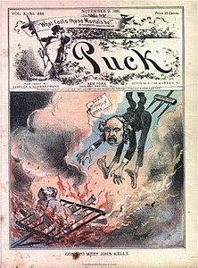 Gone to meet John Kelly (Hugh McLaughlin, the political "boss" of Brooklyn, New York) being deposited in "Hades", November 9, 1881 cover