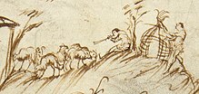 The drawing shows a man sitting under a small tree and blowing a horn to a flock of some furry creatures on his left, while a man on his right shows an open cage