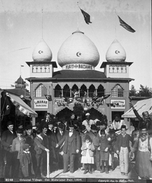 The "Oriental Village" in front of the "Persian Palace Theatre of the Belle Baya and her Troop"