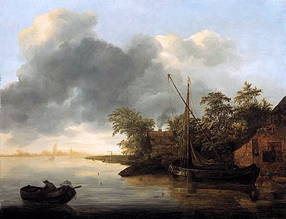 A River Landscape with Sailboats Moored by a Bank, Houses Nearby, a Town Beyond, 1640s, Private collection, Location unknown