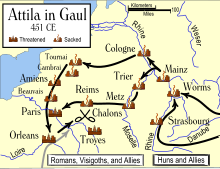 Map of Attila's invasion of Gaul in 451