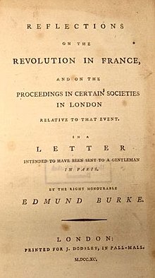 Page reads "Reflections on the Revolution in France, and on the Proceedings in Certain Societies in London Relative to that Event. In a Letter Intended to have been sent to a Gentleman in Paris. By the Right Honourable Edmund Burke. London: Printed for J. Dodsley, in Pall-Mall. M.DCC.XC."
