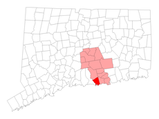 Clinton's location within Middlesex County and Connecticut