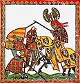 Drawing from the Codex Manesse showing jousting knights on horseback carrying shields.