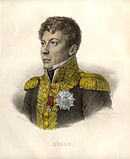 Colored print of a clean-shaven man in a high-collared dark uniform coat with gold epaulettes and gold braid. He looks to the viewer's left.