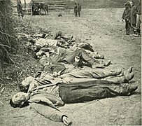 Confederate dead of General Ewell's Corps who attacked the Union lines on May 19 lined up for burial at the Alsop Farm.