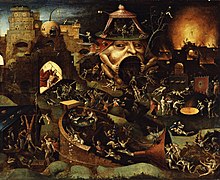 An Early Netherlandish painting of hell, Jesus descending from the left