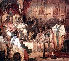 A wall painting of the Council of Chalcedon showing Marcian and Pulcheria seated on thrones.