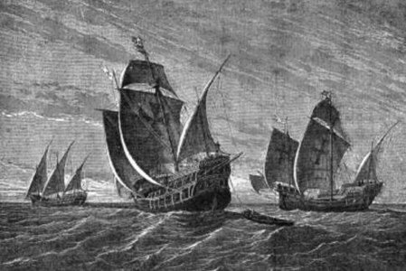Columbus' Ships (G.A. Closs, 1892): the Santa Maria and Pinta are shown as carracks; the Niña (left) as a caravel.