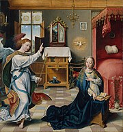 Annunciation; Italianate figure style, with the Early Netherlandish domestic setting of works such as the Mérode Altarpiece of Robert Campin, c. 1525