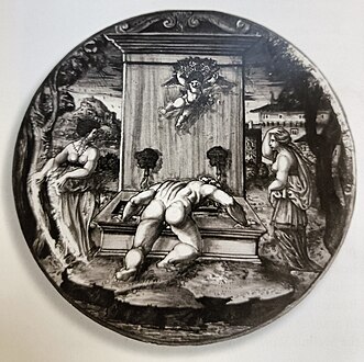 Francesco Xanto Avelli painted a second maiolica dish titled Narcissus (The vain lover of his own image).[12] The figure of Narcissus on this Maiolica dish has been copied from the third woodcut copy image of I modi.[12]