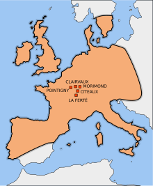 this is an image of a map showing the original sites of the Cistercians in Central Europe