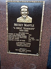 "Plaque with the phrase 'A Great Teammate' written on in, honoring Mickey Charles Mantle."