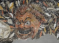 Detail of a mosaic from the Jewelry Quarter of Delos depicting an ancient Greek theatre mask