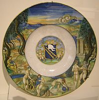 Italian maiolica dish by Nicola da Urbino, c. 1525, with story of Marsyas
