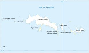 Outline map of a group of irregular-shaped islands the largest of which is labelled "Coronation Island". Laurie Island is shown at the eastern (right) end of the group.