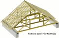 A traditionally framed timber queen post roof showing the placement of principal purlins or purlin plates supporting common rafters
