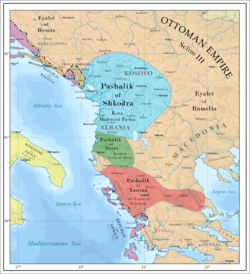 The Albanian pashaliks in 1790-1795. The Pashalik of Berat is colored in dark green.