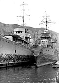 The name ship of the class Beograd (right) and the flotilla leader Dubrovnik in the Bay of Kotor after being captured by Italy