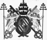Rendition of the coat of arms of Pope Pius IX with supporters: two angels, each holding a papal cross.