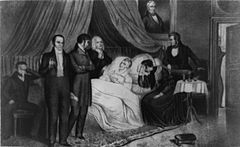 A black and white print of a group of people, some crying, surrounding a man lying in a bed with his eyes closed