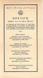 Verlagswerbung „Der Dom“ (IV 442, Vor- und Rückseite) mit einer Liste der Titel