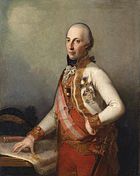 Painting shows a balding man in a white military uniform embellished with various medals.