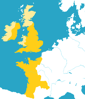 Map of the Angevin Empire. England, parts of Ireland and half of France are fully yellow, signifying fully Angevin possessions; Scotland, much of Ireland and parts of Wales are checked yellow, signifying Angevin hegemony.