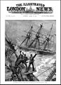 Illustrated London News for 27 April 1889; artist's conception of HMS Calliope being cheered on by the crew of USS Trenton as Calliope escapes from Apia Harbour. Calliope actually passed to the port of Trenton.