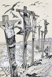 A black-and-white painting showing five men, two in armor, crucified in front of a city