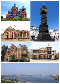 Clockwise, from the upper right corner: Clock Tower, Picture Gallery, Irkutsk panorama from the dam, Local Lore Museum, Khudozhestvenny Cinema, Kazan Church