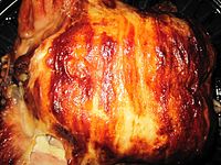 Close-up of a rotisserie chicken from Costco