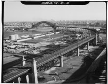 Black-and-white view of the bridge as seen from Randalls Island