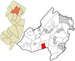 Location of Mendham Borough in Morris County highlighted in red (right). Inset map: Location of Morris County in New Jersey highlighted in orange (left).