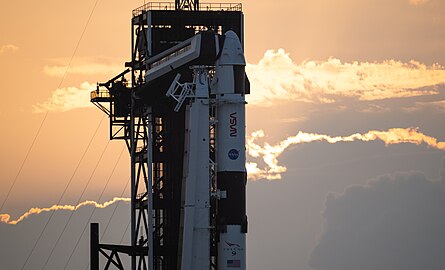 Falcon 9 and Crew Dragon Endurance vertical on Launch Complex 39A in Florida